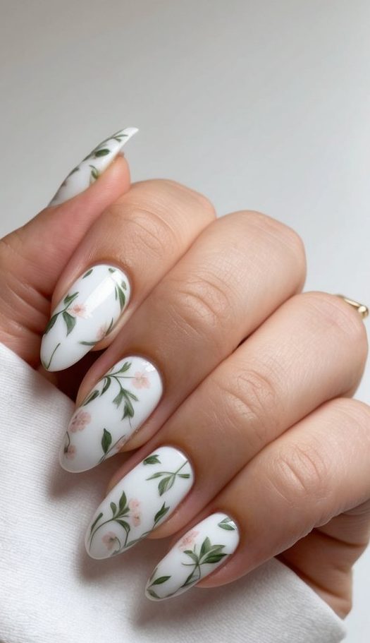 A delicate floral pattern adorns a set of elegantly manicured nails