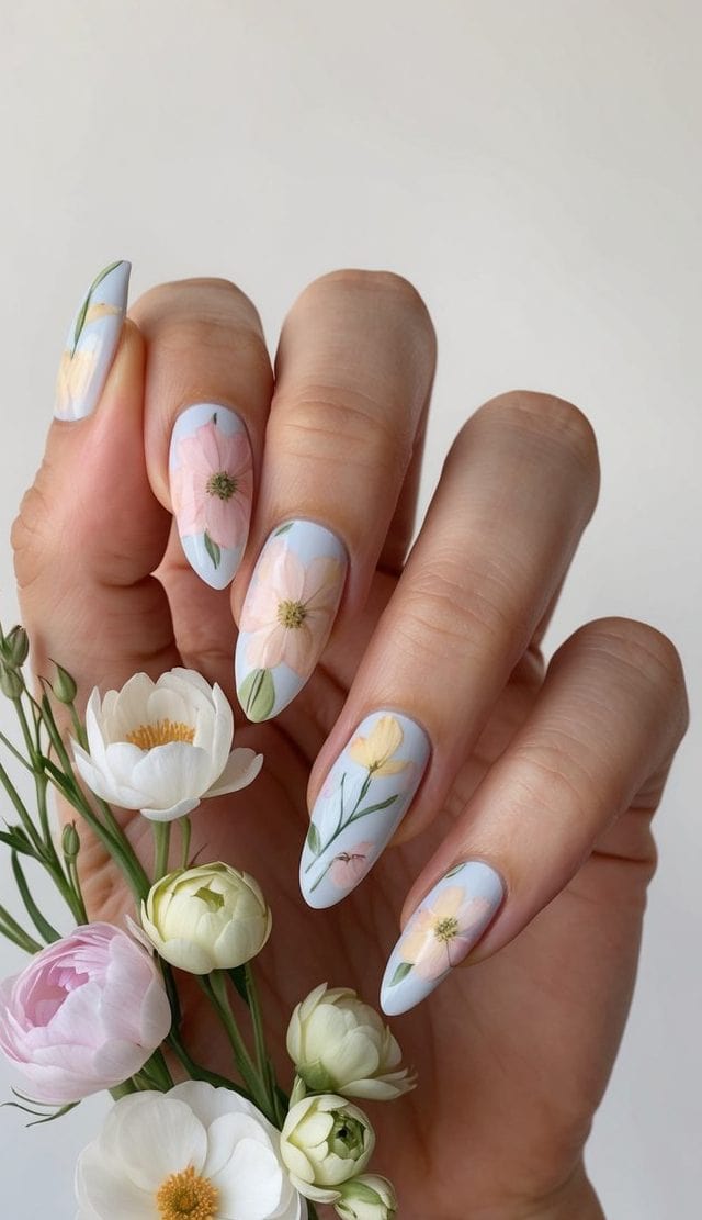 A collection of soft pastel-colored florals in bloom, arranged in a minimalistic aesthetic nail art design