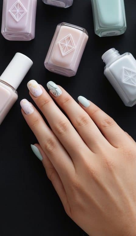 Soft pastel nail polish bottles arranged on a matte black surface, with minimalistic geometric designs and delicate floral patterns