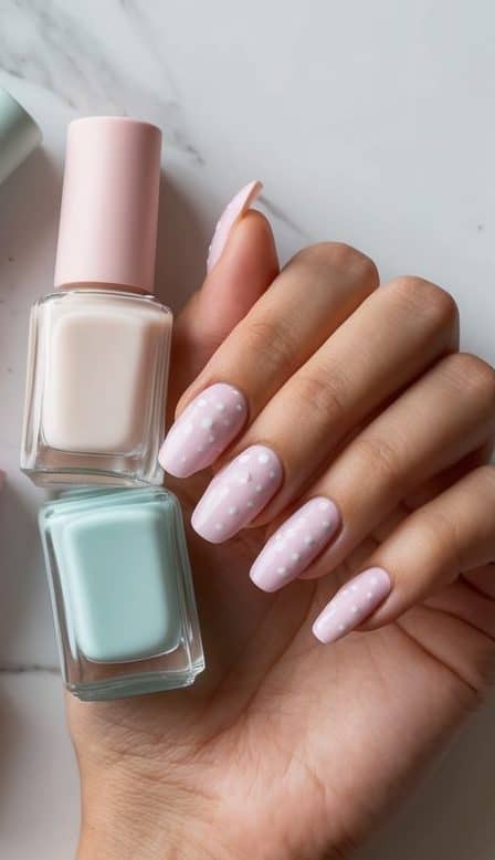 Soft pastel nail polish bottles arranged on a white marble surface with delicate dotted patterns