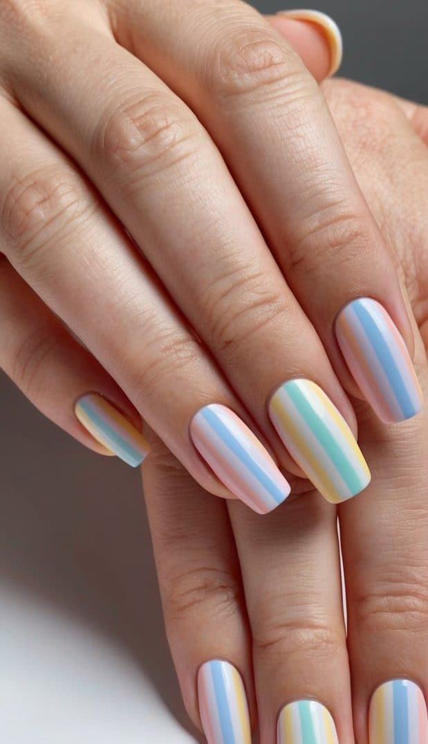 Soft pastel rainbow stripes on nails, minimalist aesthetic