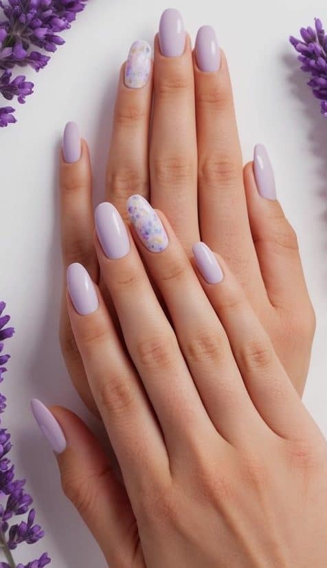 A serene scene with soft pastel-colored nails surrounded by lavender flowers and minimalistic elements