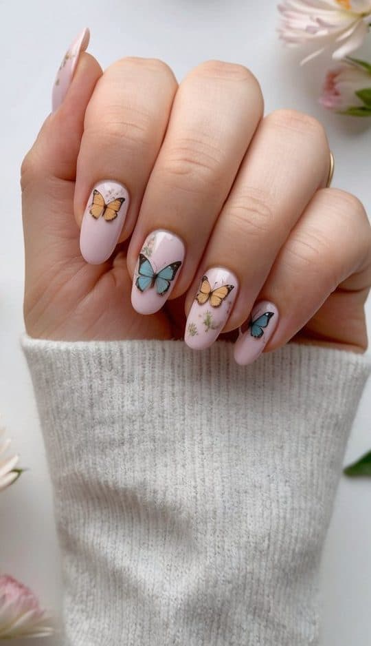 A peaceful butterfly garden with soft pastel flowers and delicate butterflies fluttering around