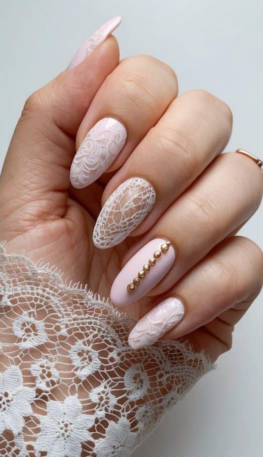 A vintage lace-inspired nail art scene with soft pastels and minimalistic designs