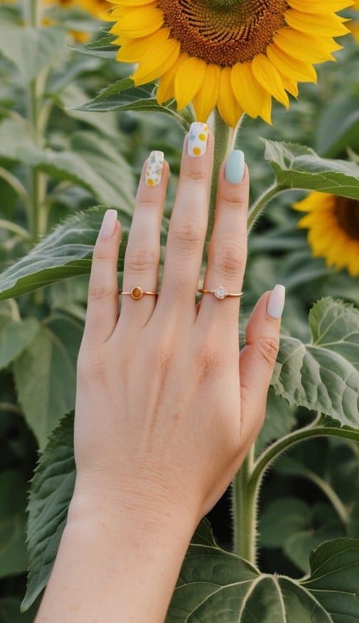 A field of sunflowers in soft pastel colors, with minimalistic nail art designs scattered throughout