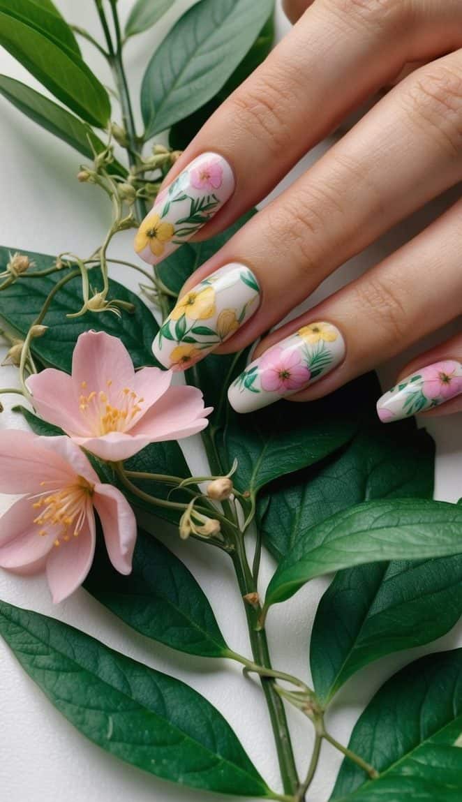 A lush jungle with vibrant pastel flowers and delicate vines winding through the scene
