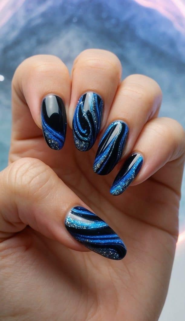 A swirling marble pattern in black and blue, with shimmering accents and intricate details, set against a mystical backdrop