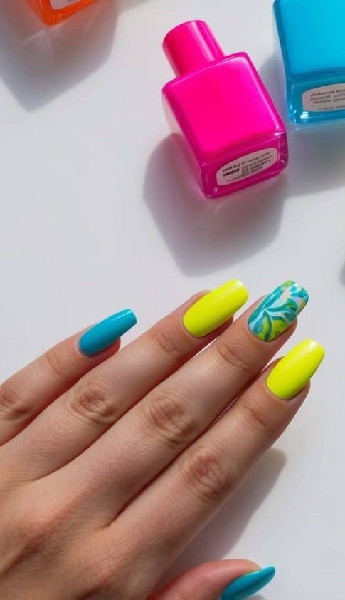 Vibrant neon nail polish bottles arranged on a sleek, white surface with simple yet elegant nail art designs displayed next to them