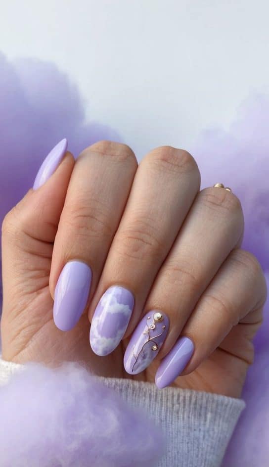 Lavender clouds swirl around delicate, elegant nail art designs