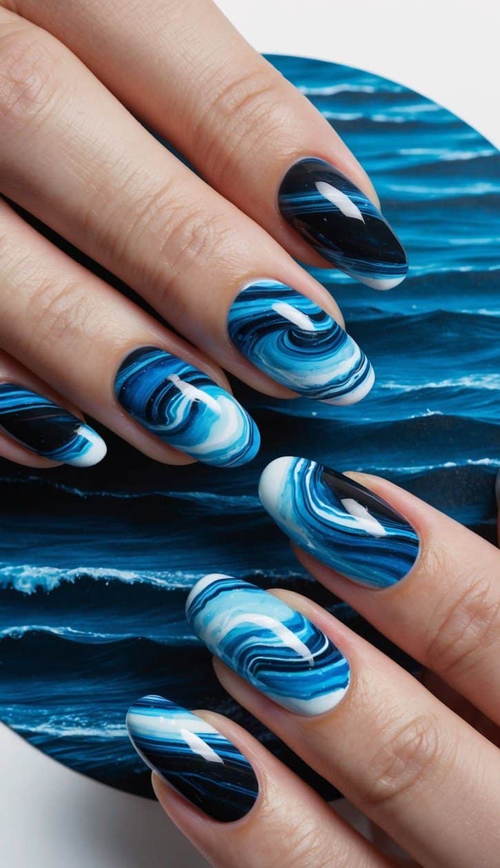 A serene ocean scene with swirling black and blue patterns, resembling nail art, against a dark backdrop