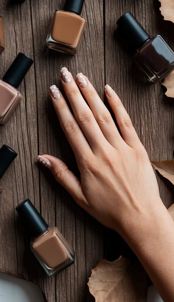 A rustic wooden table with various shades of brown nail polish bottles scattered around, surrounded by dried leaves and twigs