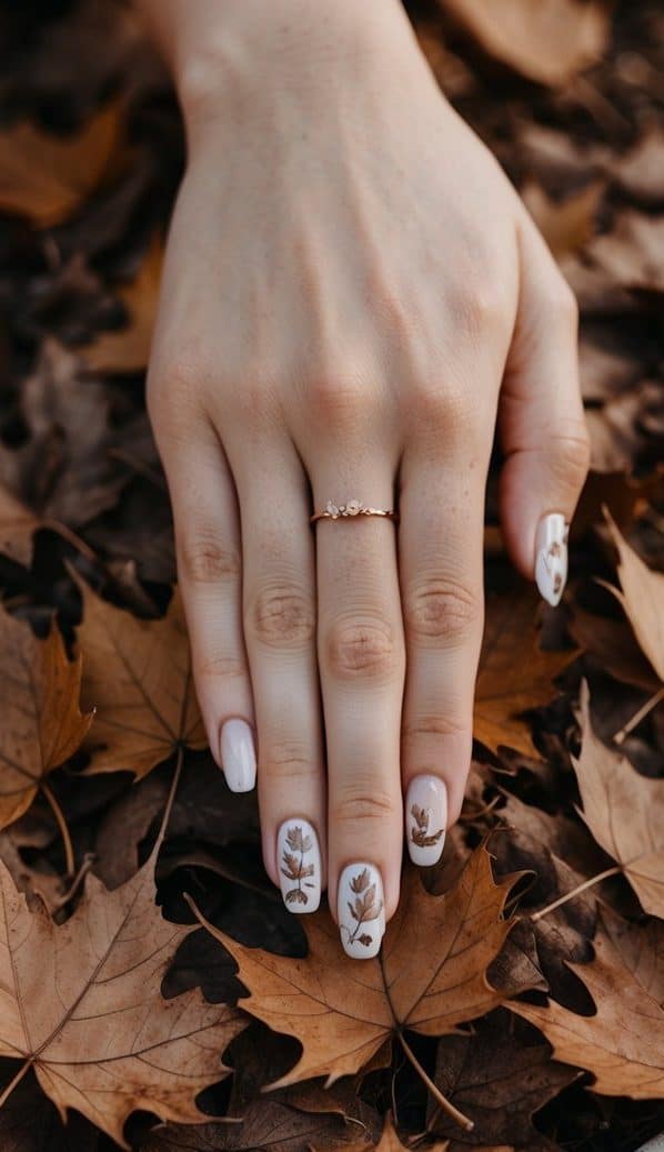 A close-up of brown maple leaves scattered on the ground, surrounded by warm earthy tones