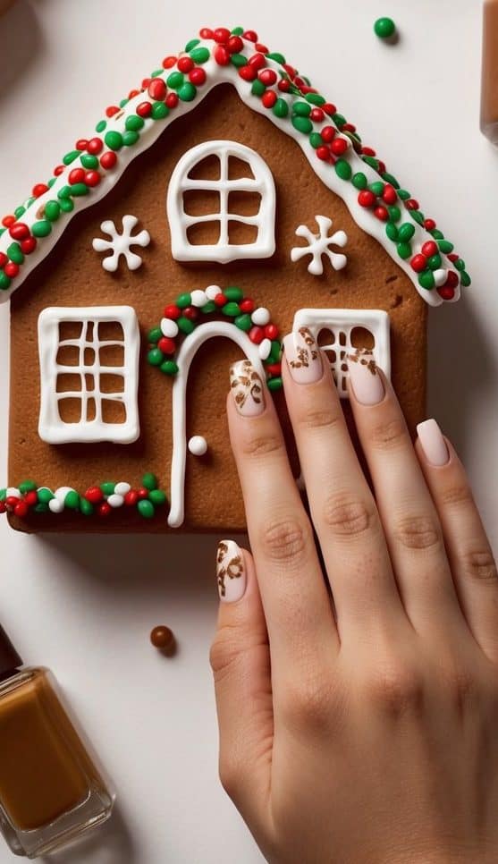 A cozy gingerbread house surrounded by earthy brown nail polish bottles and warm, inviting tones