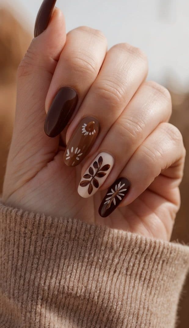 A close-up of chocolate-colored nails with various warm brown designs, set against a dusty, earthy background