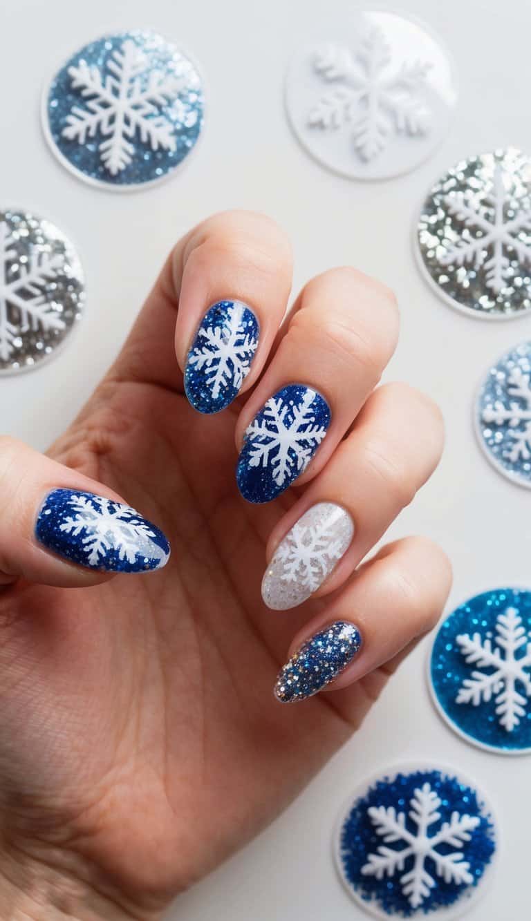Snowflakes stenciled in glitter on nails, surrounded by various glittery nail art designs