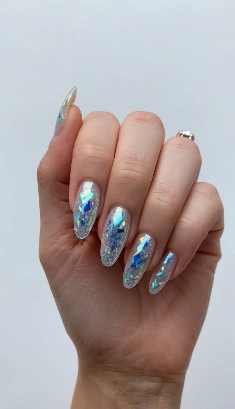 Shattered glass effect created with mylar glitter on nails