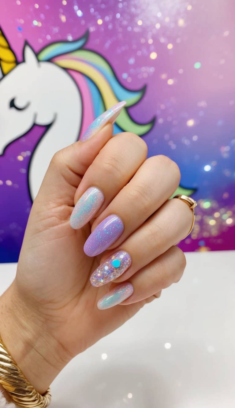 A unicorn-themed nail salon with glittery manicures and sparkly nail art displayed on a vibrant backdrop