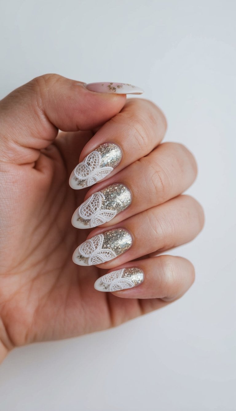 A lace pattern with glitter overlay on a nail