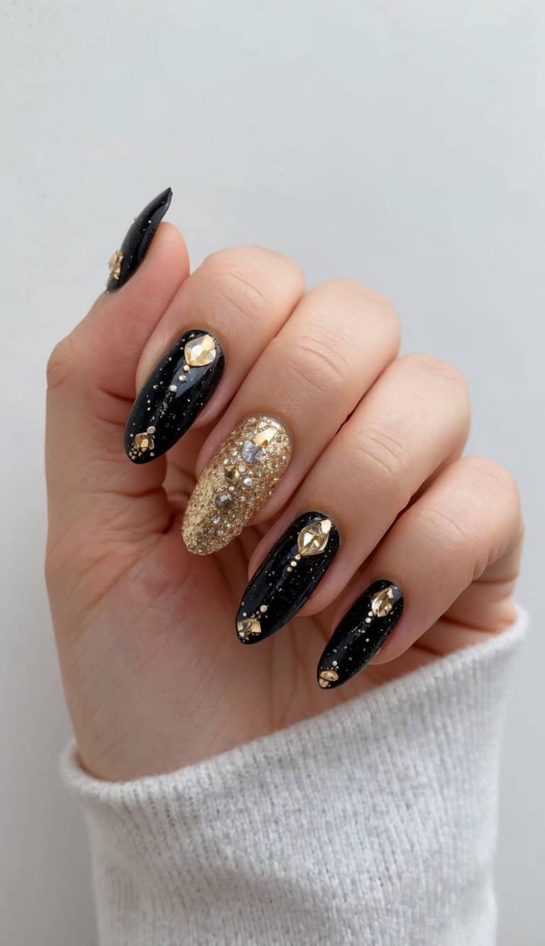 A black-and-gold glittery nail art design with elegant and sparkly details
