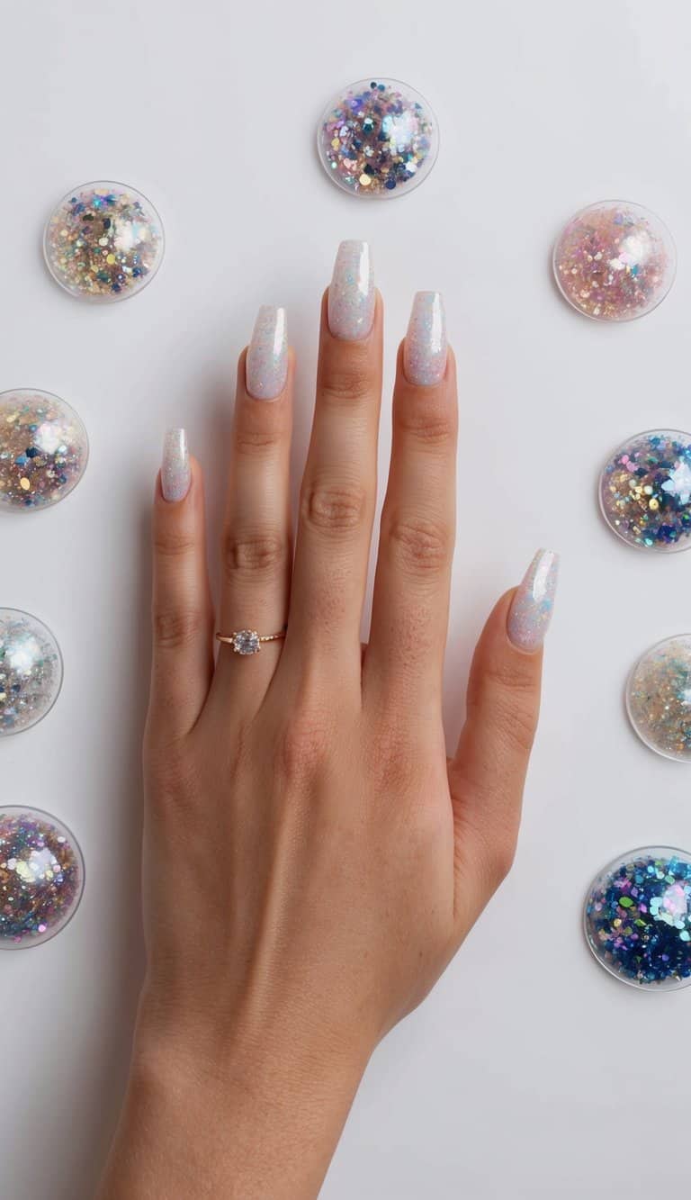 A hand with glossy finish glitter nails surrounded by various glittery nail art designs