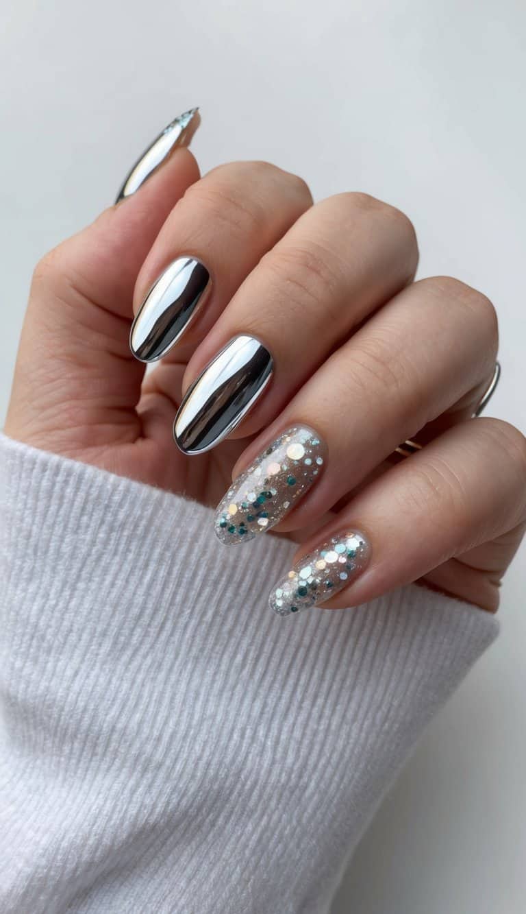 A hand holding a nail with chrome finish and glittery accents