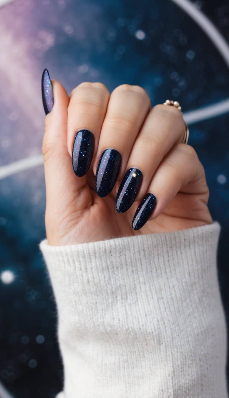 Dark glittery nails against a cosmic backdrop, shimmering with cosmic vibes
