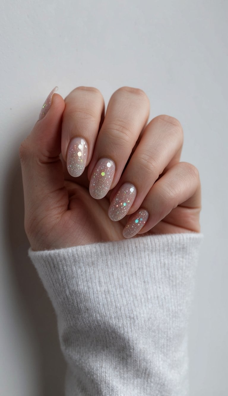 A hand with minimalist glitter dots on nails, sparkling against a dark background
