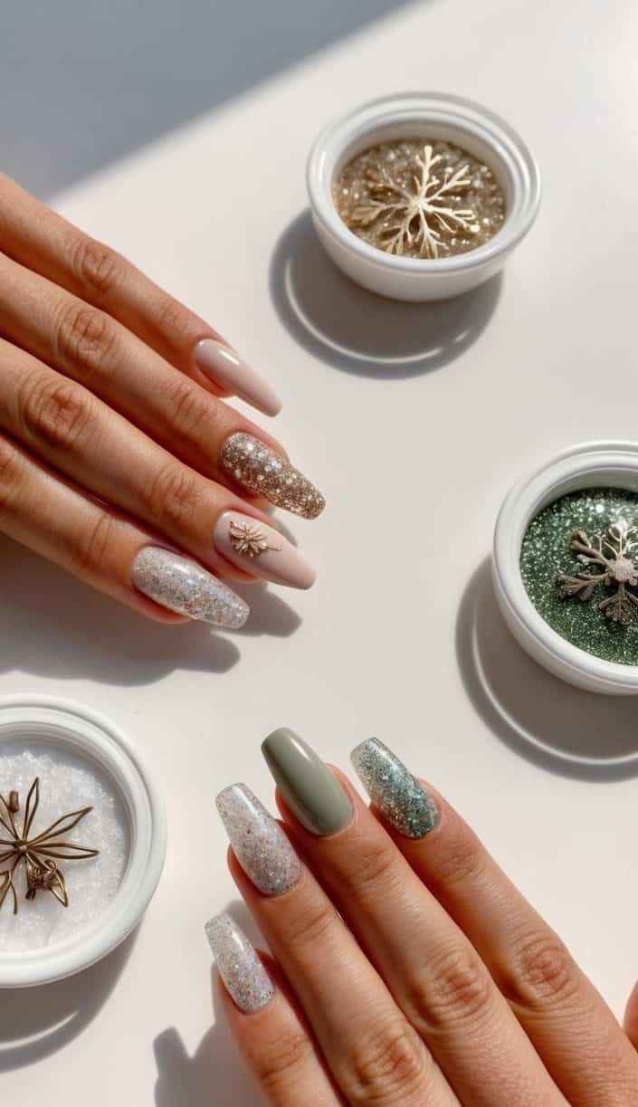 A collection of glittery nail art designs, each showcasing a different seasonal theme, displayed on a clean, white surface with soft, natural lighting