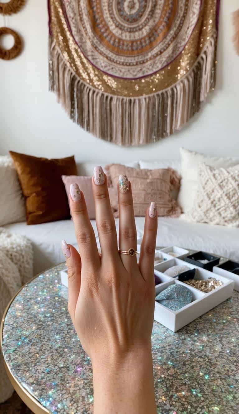 A cozy room with bohemian decor, featuring glitter tapestries and a table covered in glittery nail art supplies