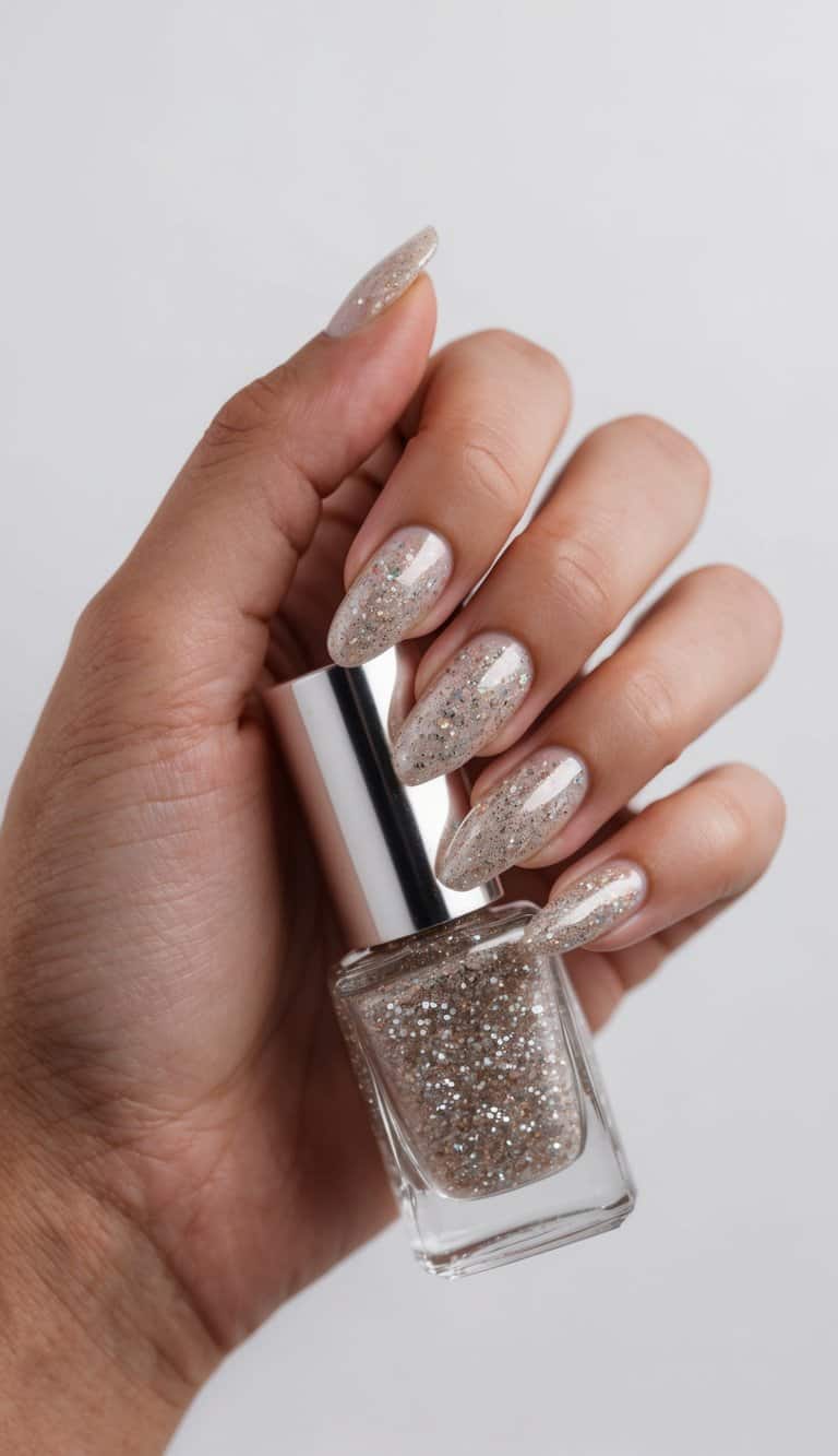 A hand with a glitter-finish French manicure holding a bottle of glittery nail polish