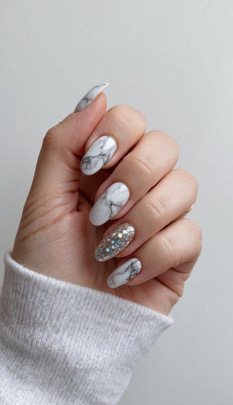 A hand holding a nail with a marble effect and glittery nail art