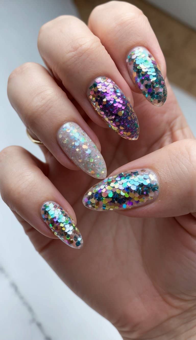 A close-up of sequined glitter nails with various glittery nail art designs