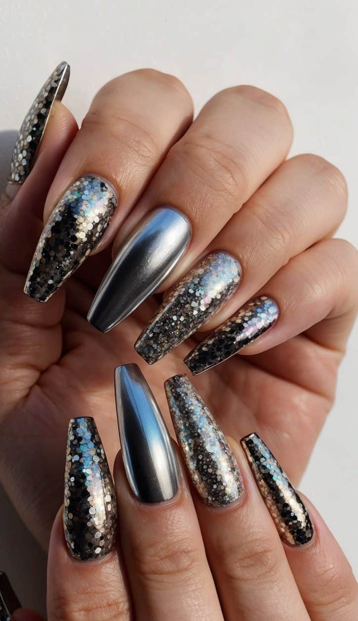 A close-up of mixed metal glitter nails, reflecting light and creating an edgy, sparkly effect