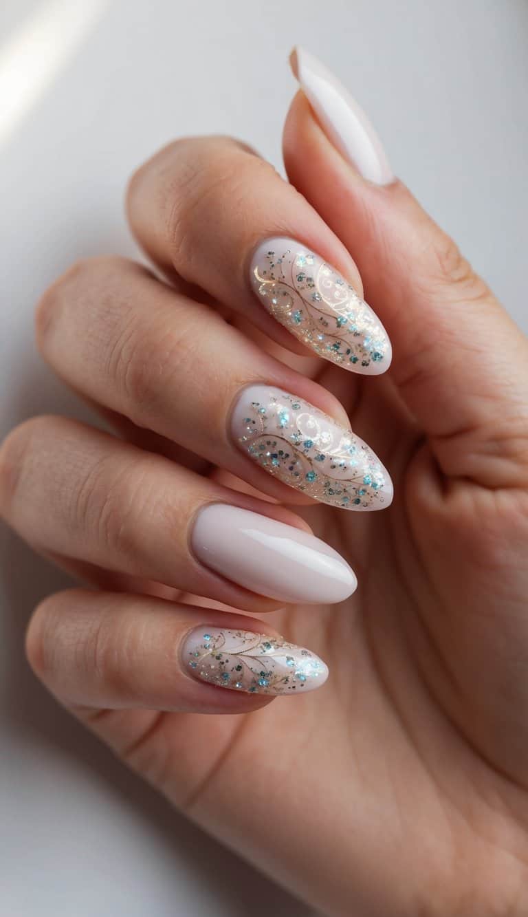 A close-up of delicate glitter filigree nail art designs shimmering under soft lighting