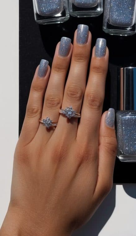 Silver glittery nail polish bottles arranged on a dark background with silver linings shining through