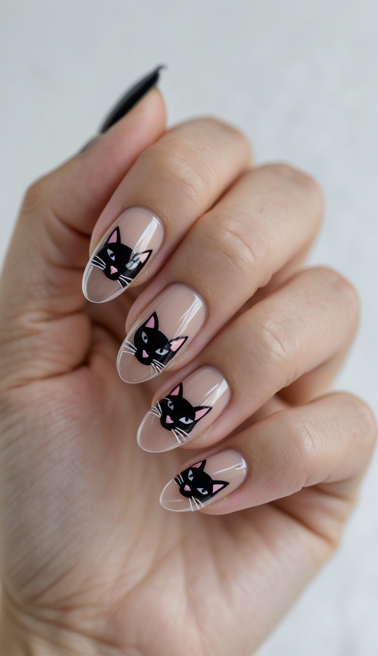 Black cat faces on nude nails make for a manicure that exudes mystique