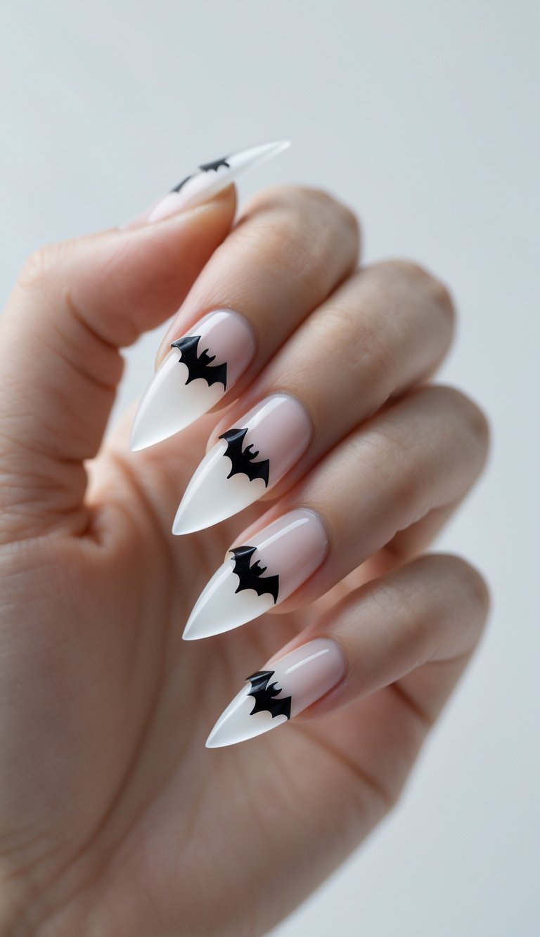 3D black bats fly across these sharp, nearly translucent white nails for a design that's equal parts elegant and spooky