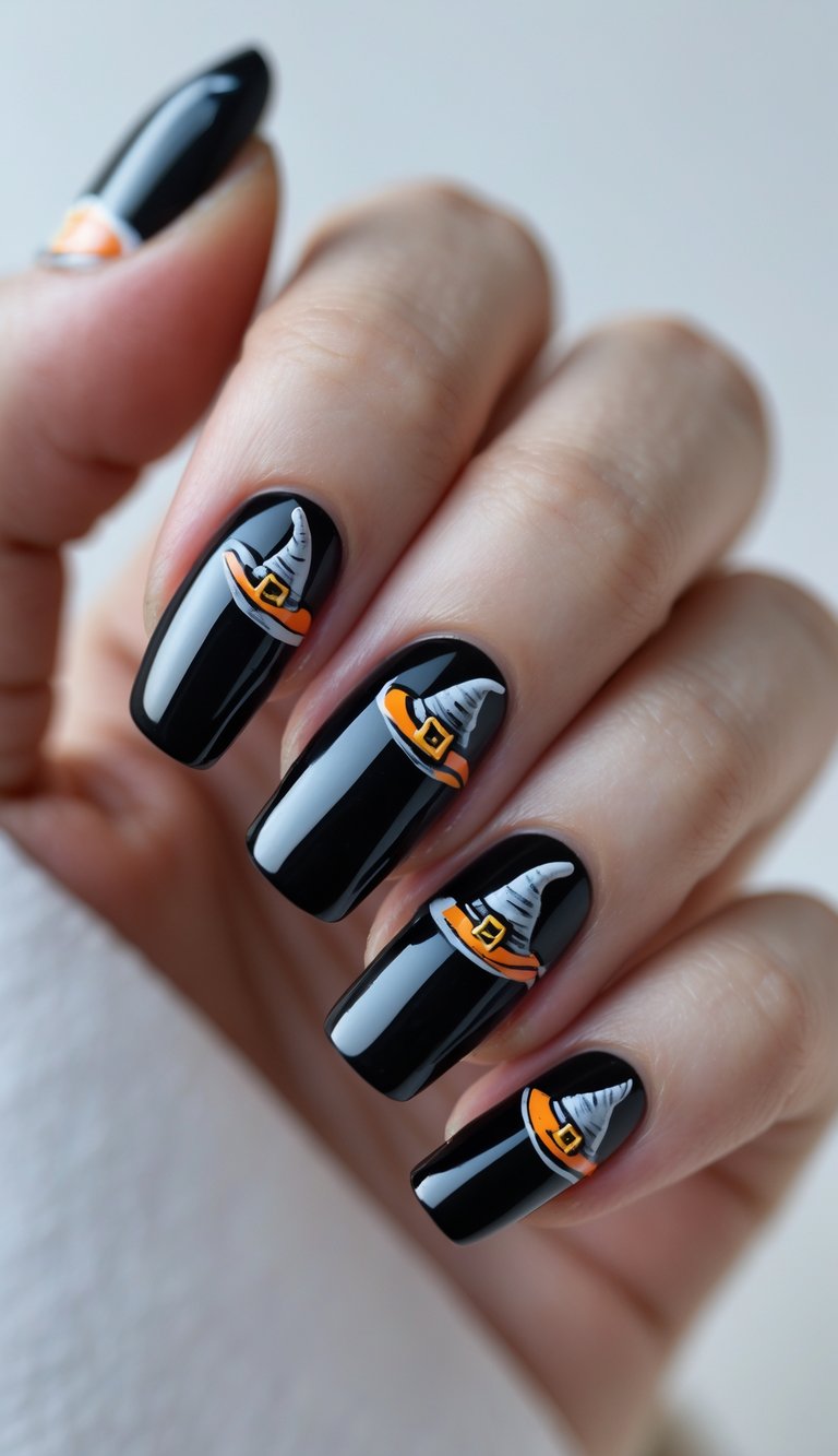 These glossy black nails pop with detailed, hand-painted witch hats, complete with orange bands and gold buckles