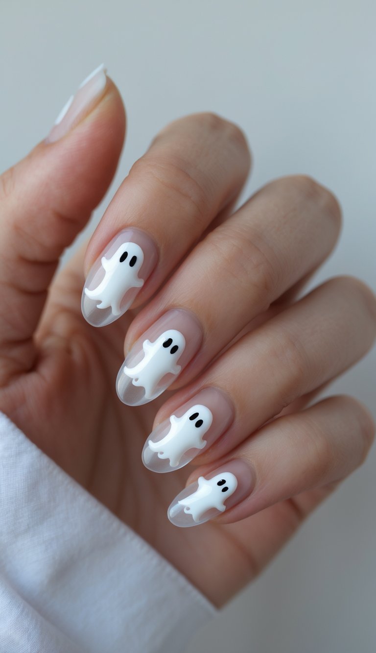 Each nail in this mani features a playful white ghost with big black eyes floating across a clear base