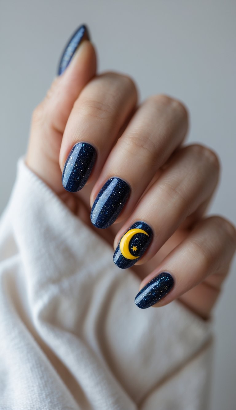 Sparkly navy blue nails paired with a yellow crescent moon and tiny star on one accent nail make this mani reminiscent of a mystical Halloween night.