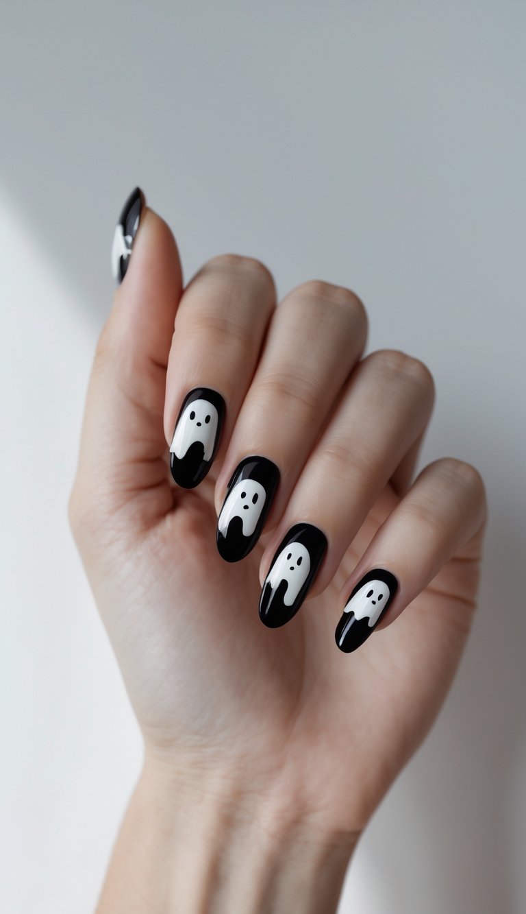 Glossy black polish topped by wide-eyed white ghosts create a spooky-sweet look that’s equal parts playful and mysterious
