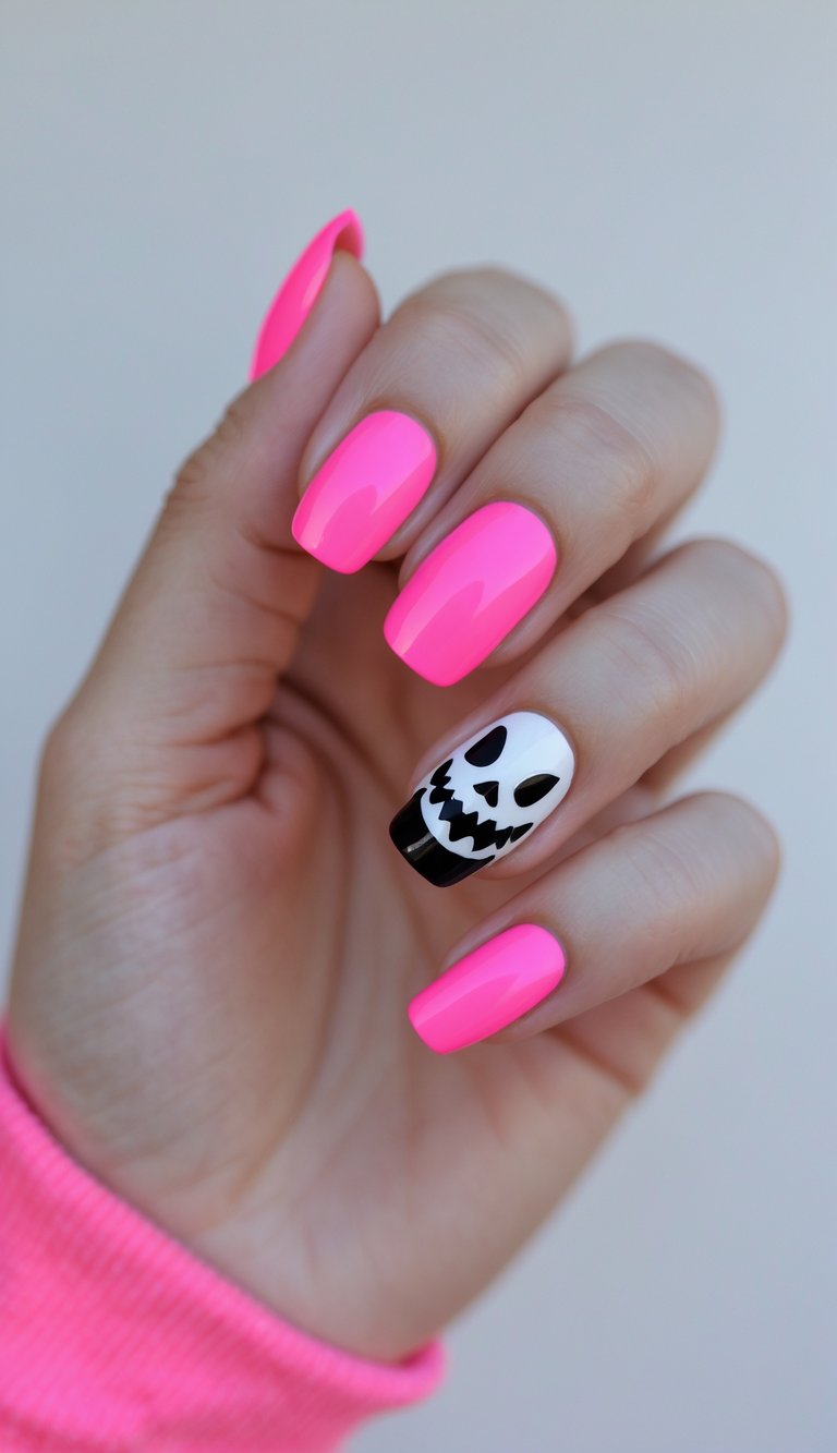 For something a little hotter this Halloween, go for vibrant hot pink nails and a single jack-o'-lantern-inspired accent