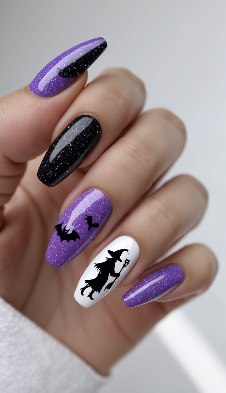 Sparkly purple and black nails set the scene for flying bats and a witch silhouette