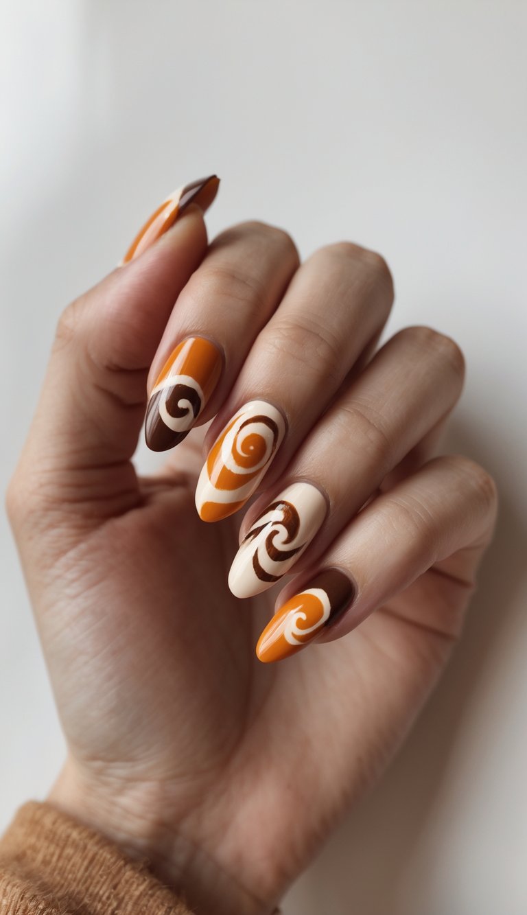A funky Thanksgiving manicure with bold, retro-inspired swirls in warm orange, brown, and cream 