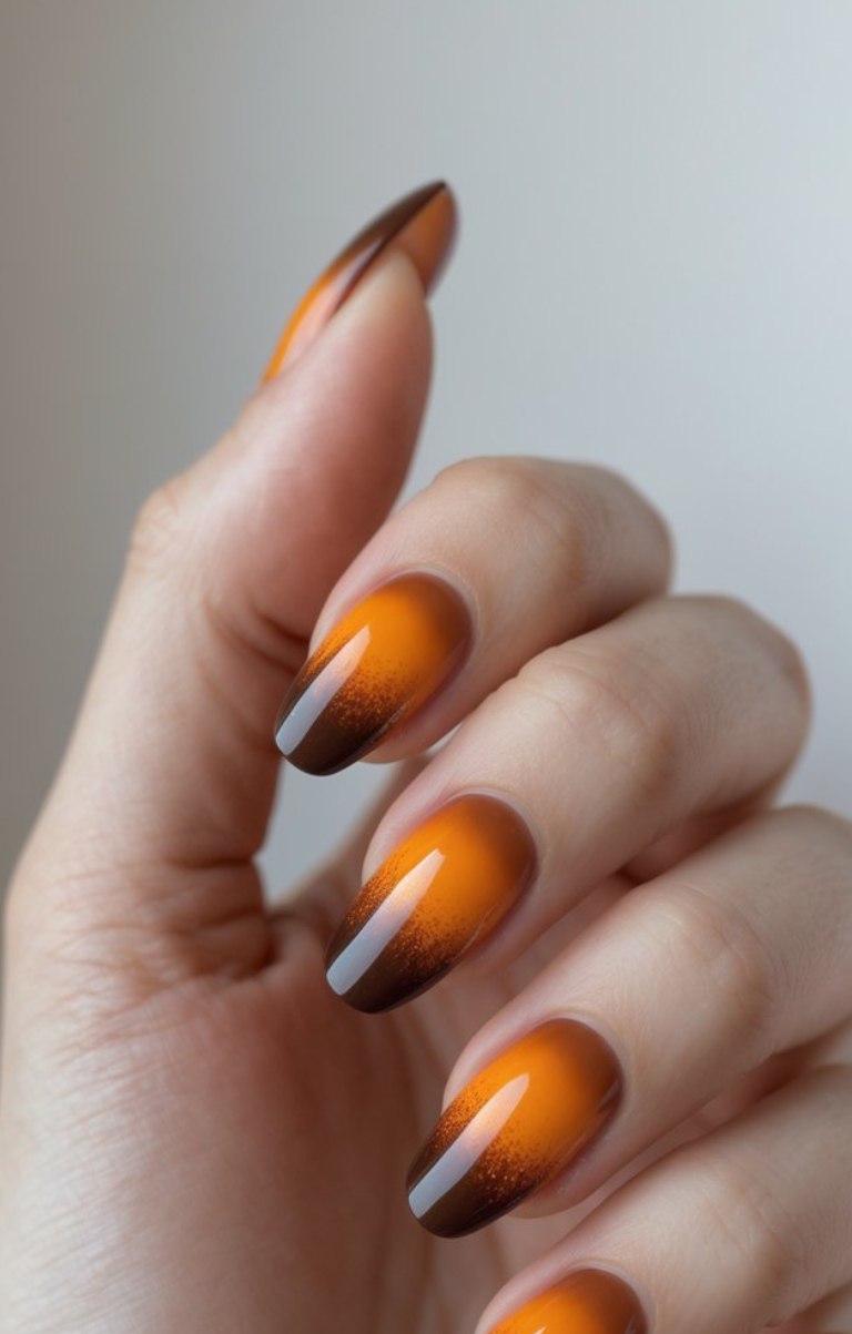 An ombre nail design with light warm brown, deep cinnamon brown, and pumpkin orange