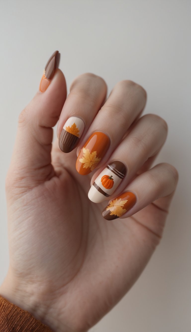 Pumpkin orange and creamy beige nails with chocolate brown accents and hand-painted pumpkins and leaves