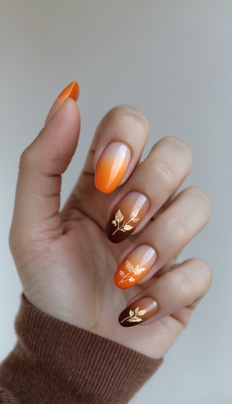 An ombre manicure fading pumpkin orange to deep brown, adorned with delicate gold leaf accents