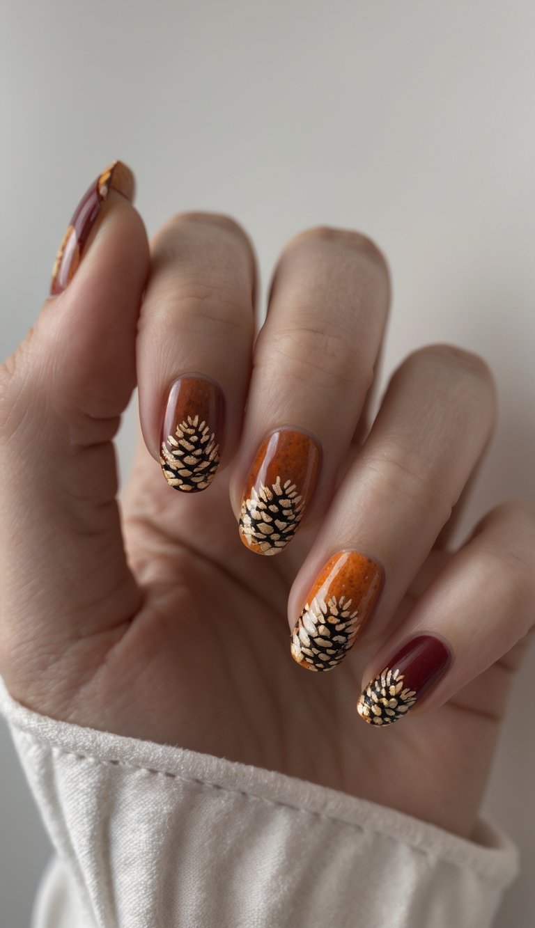 Pinecone art on the tips of warm amber, rust, and burgundy nails