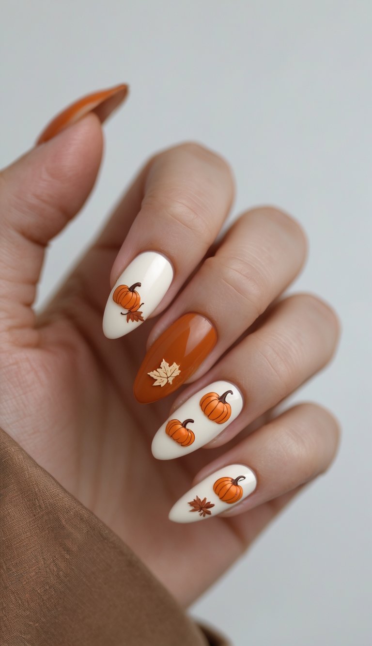 Playful pumpkins and maple leaves popping against creamy white and burnt orange nails