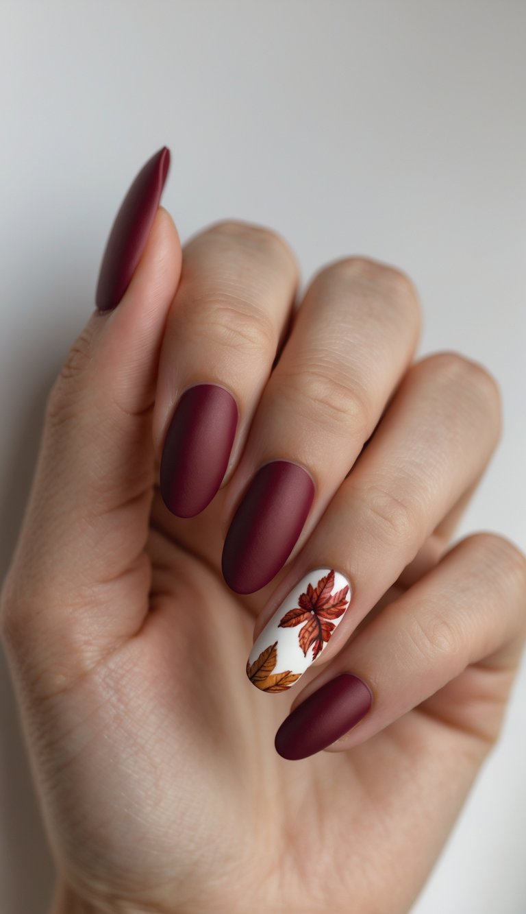 Matte burgundy nails with maple leaf art on a white accent nail 